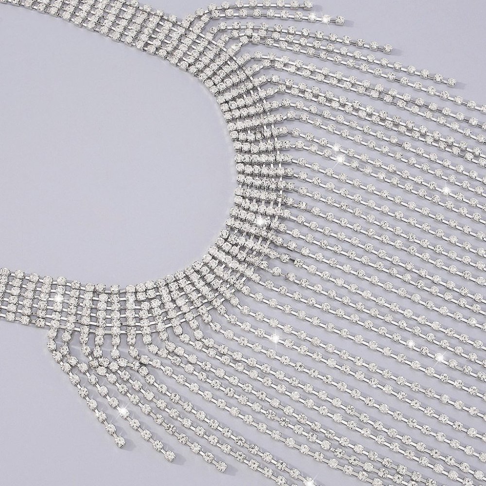 Bling Silver Crystal Long Drop Tassel Choker Necklace - Party Evening‎ Statement - Picture 4 of 9